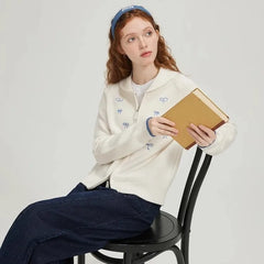 White Bow Embroidery Zipper Cardigan