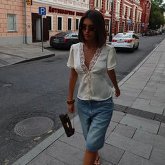 Satin Lace V-neck Short Sleeve Top