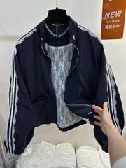 Lace Trim Stand-up Collar Zipper Jacket
