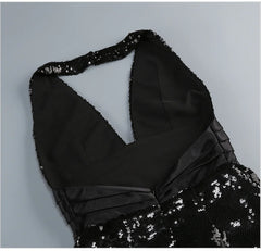 Black Sequin Halter V-Neck Pleated Satin Patchwork Maxi Dress