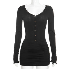 Long Sleeve Ribbed Button Up Ruched Waist Bodycon Mini Dress