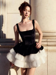 Black Velvet Puff Layered Hem Mini Dress