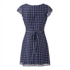 Blue Polka Dot Cap Sleeve Waist Tie Mini Dress