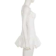 White Puff Ruffle Strap Mini Dress