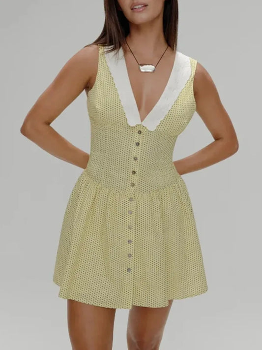 Yellow Polka Dot V-neck Button Up Mini Dress