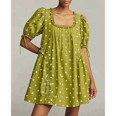 Bow Tied Short Puff Sleeve Square Neck Loose Mini Dress