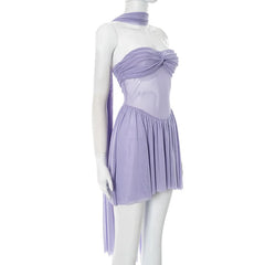 Purple See Through Strapless Pleated Mini Dress with Scarf