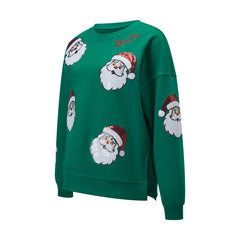 Sequin Santa Claus Face Crew Neck Pullover
