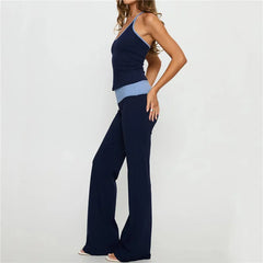 Blue Two Tone Halter Top with High Waisted Pants Set