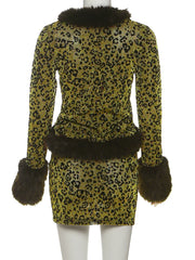 Leopard Print Furry Patchwork Full Sleeve Tops And Mini Skirts Set
