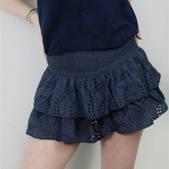Elastic High Waist Eyelet Tiered Mini Skort