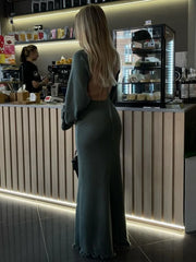 Knitted Backless Long Sleeve Maxi Dress