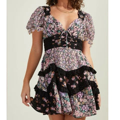 Flower Print Tiered Patchwork Short Sleeve Mini Dress