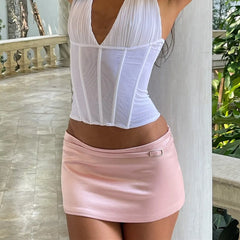 Buckle Satin Low Waist  Mini Skirt