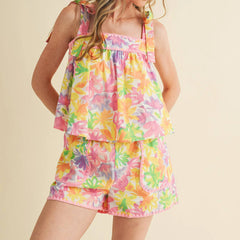 Floral Print Sleeveless Tie Up Tops with Shorts Sleepwear Set