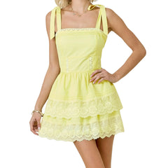 Lace Eyelet Layered Tie Up Mini Dress