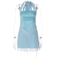 Blue Corset Satin Draped Waist Bow Tie Mini Dress