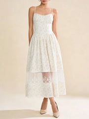 White Floral Milkmaid Cami Lace Mesh Hem Midi Dress