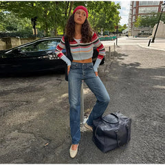 Striped Rainbow Knitted Cropped Cardigan And Blue Knit Pants Set