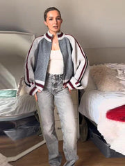 Striped Stand Collar Zip Sweater Jacket