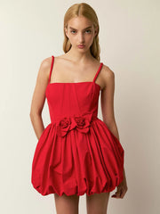 Red 3D flower Ball Gown Hem Mini Dress