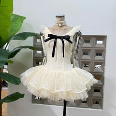 Bow Tie Mini Ponpon Fishbone Dress