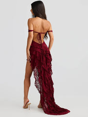 Lace Ruffle Irregular Open Back Midi Dress