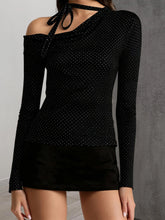 Tie-up Strap Dot Print Off The Shoulder Long Sleeve Top