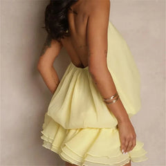 Pearl Halter Neck Open Back Frill Mini Dress