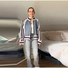 Striped Stand Collar Zip Sweater Jacket