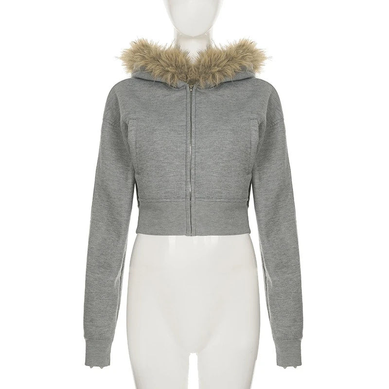 Gray cropped hoodie with fur-lined hood on a mannequin against a white background