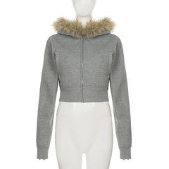 Gray cropped hoodie with fur-lined hood on a mannequin against a white background