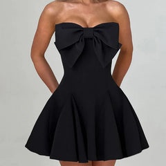 Large Bow Strapless Flare Mini Dress
