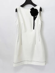 White Sleeveless O Neck Beaded Sequin Flower Mini Dress