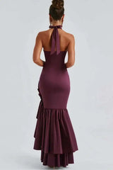 Deep V-neck Ruffles High Split Maxi Dress