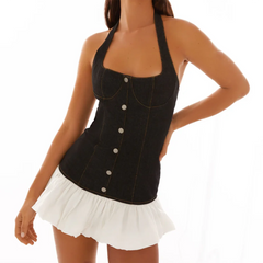 Black Denim Pleated Halter Mini Dress