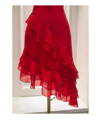 Red Ruffled Sweetheart Neck Strappy Irregular Hem Midi Dress