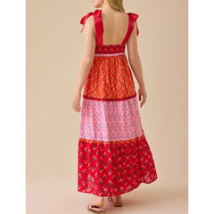 Floral Print Contrast Ruffle A-line Long Dress