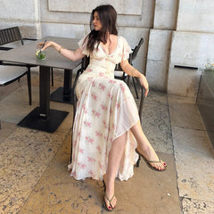 Short Sleeve Floral Print Tie Up Midi Dress