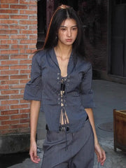 Striped Half Sleeve Lace Up Shirt