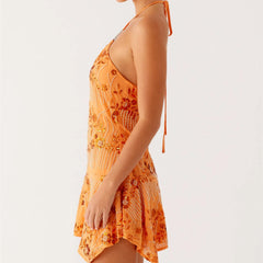 Orange Sequined Beaded Halter Strap Mini Dress