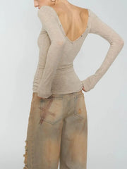 Off Shoulder Long Sleeve Sheer Button Applique Top