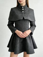 Grey Square Neck Long Sleeves Shawl Mini Dress