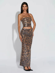 Leopard Print Sequin Strapless Crop Top And Skirt Set