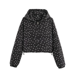 Polka Dot Zip Up Drawstring Hem Hooded Jacket