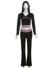 Black Lace Patchwork Zipper Sweatshirt And Track Pants Set