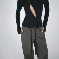 Button Long Sleeve Hollowed Out Top