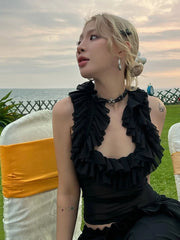 Black Ruffle Low-Neck Tank Top