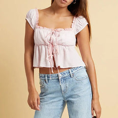 Open Front Short Sleeve Bow Tie Crop Top