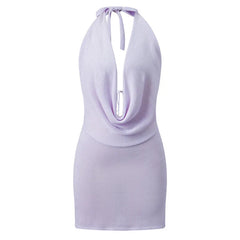 Knitted Halter Cowl Neckline Open Back Mini Bodycon Dress